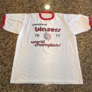 Vtg 70s Portland Trail Blazers Ringer T Shirt Mens L White NBA Pristine No Tag